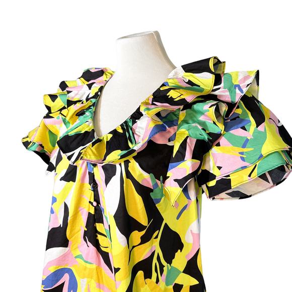 Crosby Isla Colorful Ruffle Short Sleeve V Neck Dress Exotic Tropics Print XS - Picture 5 of 14
